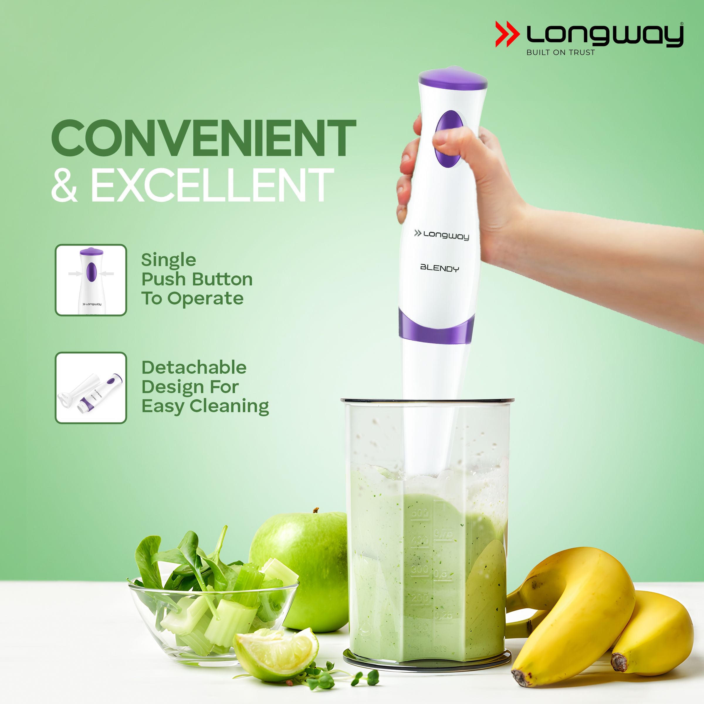 Longway Blendy Hand Blender with Stainless Steel Blades | Detachable Anti Splash Plastic Foot | Perfect for Smooth Blends (300 W, Purple)