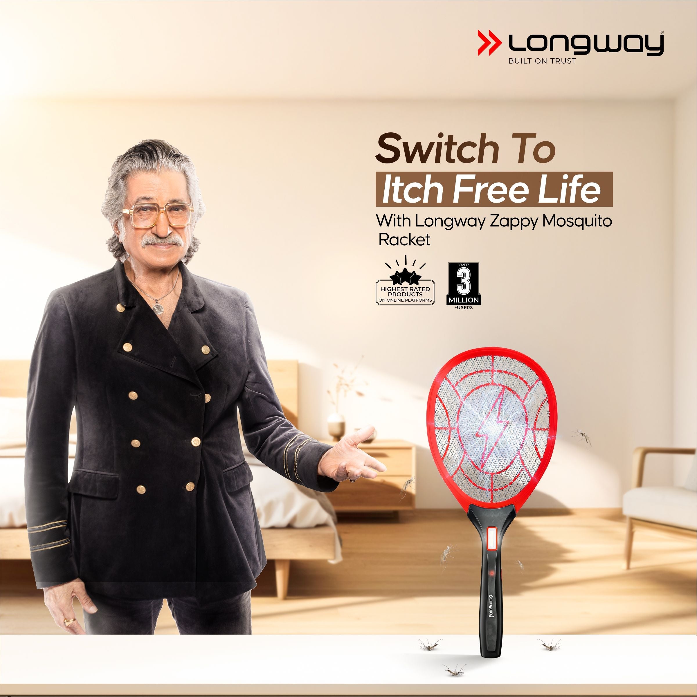 Longway Zappy Rechargeable Mosquito Racket | 3500V DC Voltage on the Net Mesh| Insect Killer Bat | 500mAH Battery | Large Net Area for Better Coverage | Long Lasting Internal Battery | 6 Months Warranty (Black)
