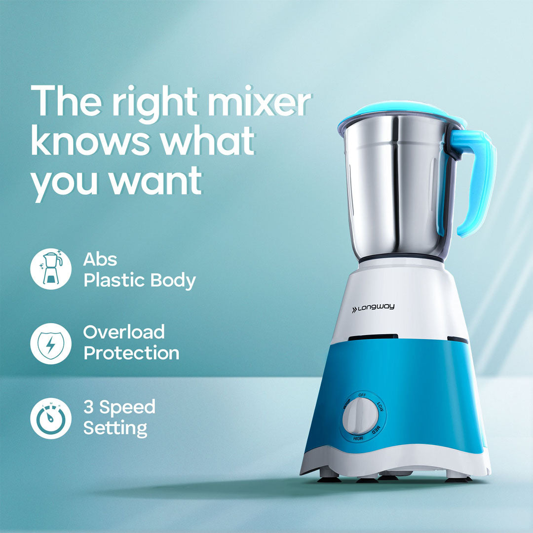 Longway Super Dlx 700 Watt Mixer Grinder with 3 Jars for Grinding, Mixing with Powerful Motor | 1 Year Warranty | (White & Blue, 3 Jars)