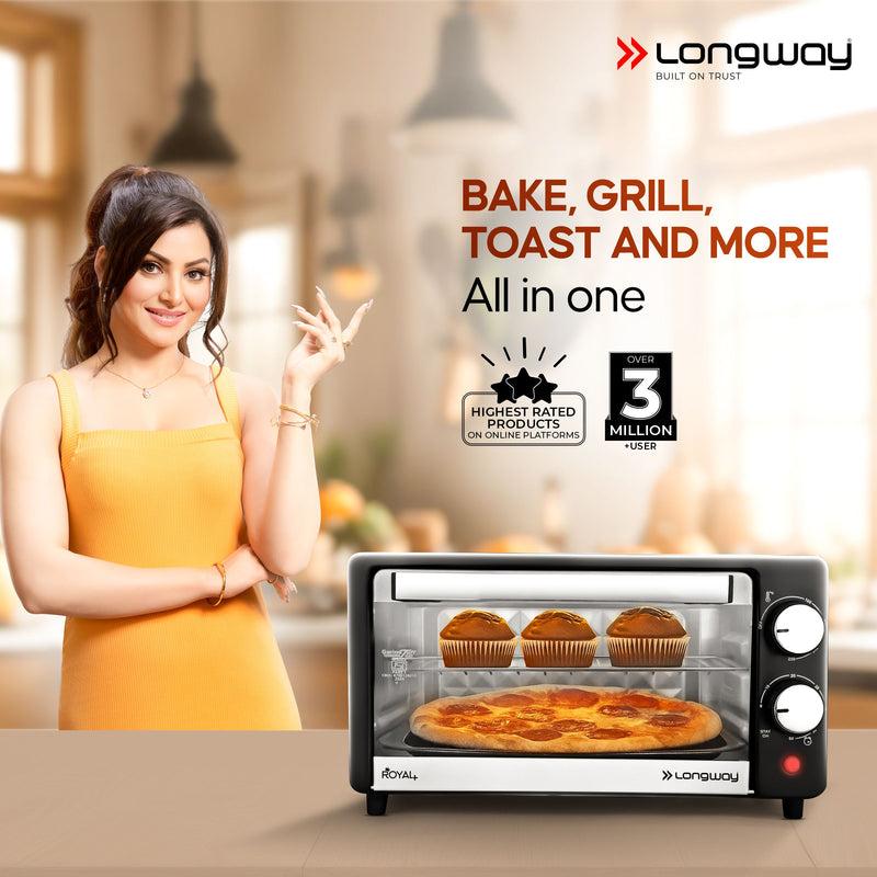 Longway Royal Plus OTG 12 Ltr Oven Toaster Griller with Multiple Heating Modes | Temperature Timer Control for Baking Pizza, Cake, Grilling Chicken & Toasting Bread|1 Year Warranty (800W, Silver)