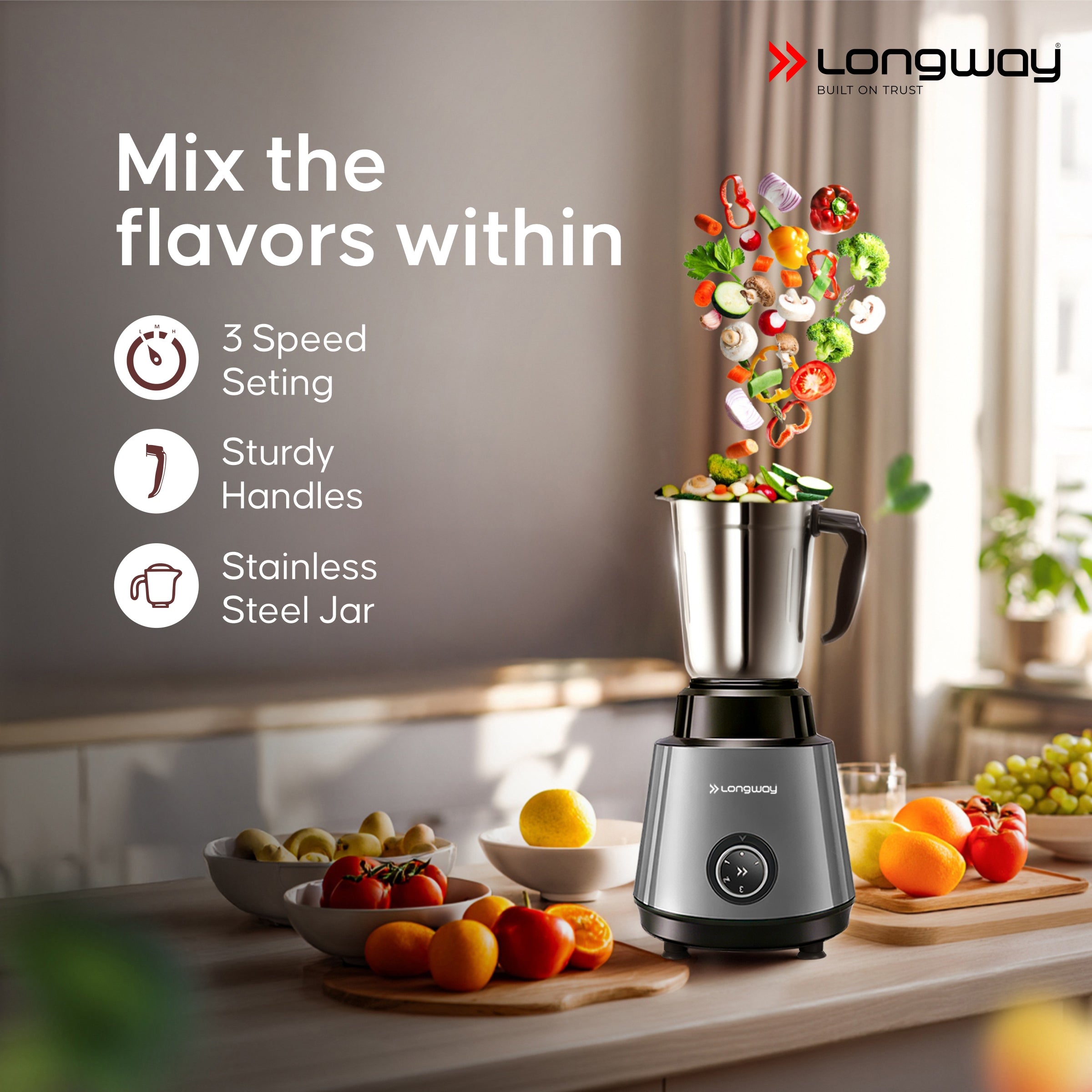 Longway Super Pro Juicer Mixer Grinder | Up to 500 - 750 Watt Max Output Powerful Motor | for Grinding, Mixing, Juicing | 2 Year Warranty