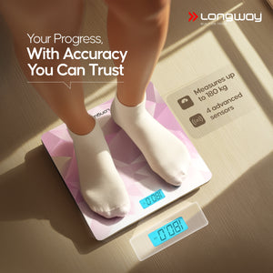 Longway Weight Machine for Home | Digital Bathroom Scale for Human Body Weight Measurement | Extra Thick Tempered Glass with LCD Display (36 Months Warranty | Max Weight 180Kgs | Sapphire)