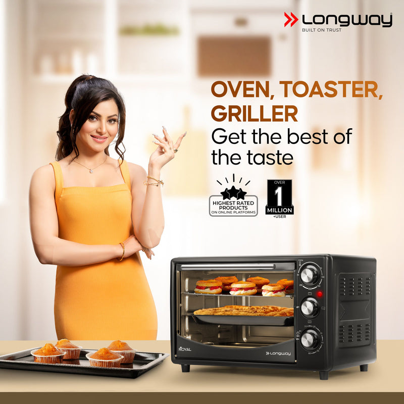 Longway Royal OTG 25 Ltr Oven Toaster Griller with Heating Modes | Temperature Timer Control for Baking Pizza, Cake, Grilling Chicken & Toasting Bread|1 Year Warranty (1500 W, Black)