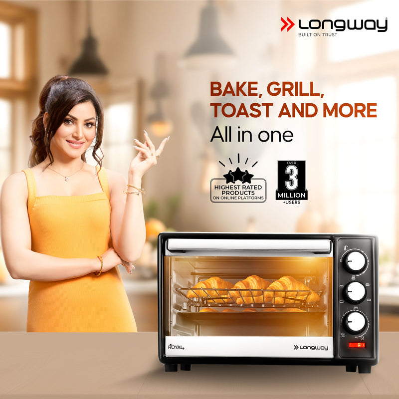 Longway Royal Plus OTG 28 Ltr Oven Toaster Griller with Illuminated chamber, Motorized rotisserie Multiple Heating Modes | Temperature Timer Control for Baking Pizza, Cake, Grilling Chicken & Toasting Bread (1500W, Silver)