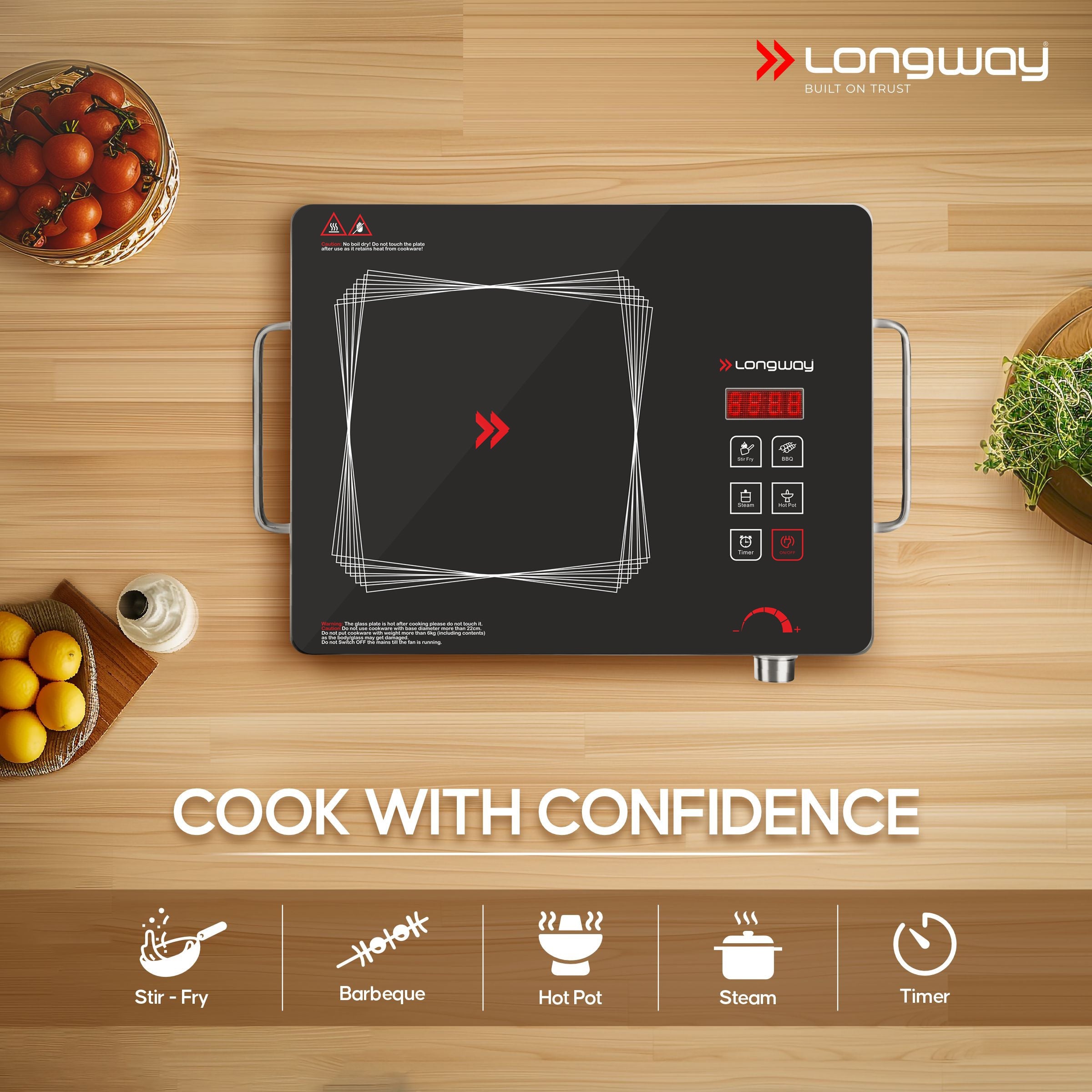 Longway Infralite Pro ICT 2200 W Infrared Cooktop with Free Stainless Steel Grill | Auto Shut Off & Overheat Protection