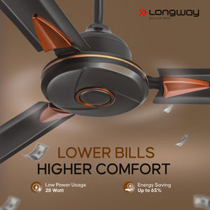 Longway Aero 1200 mm BLDC Ceiling Fan with Remote Control | BEE 5 Star Rated Energy Efficient | Ultra High Speed 3 Blade Anti-Dust Decorative Ceiling Fan