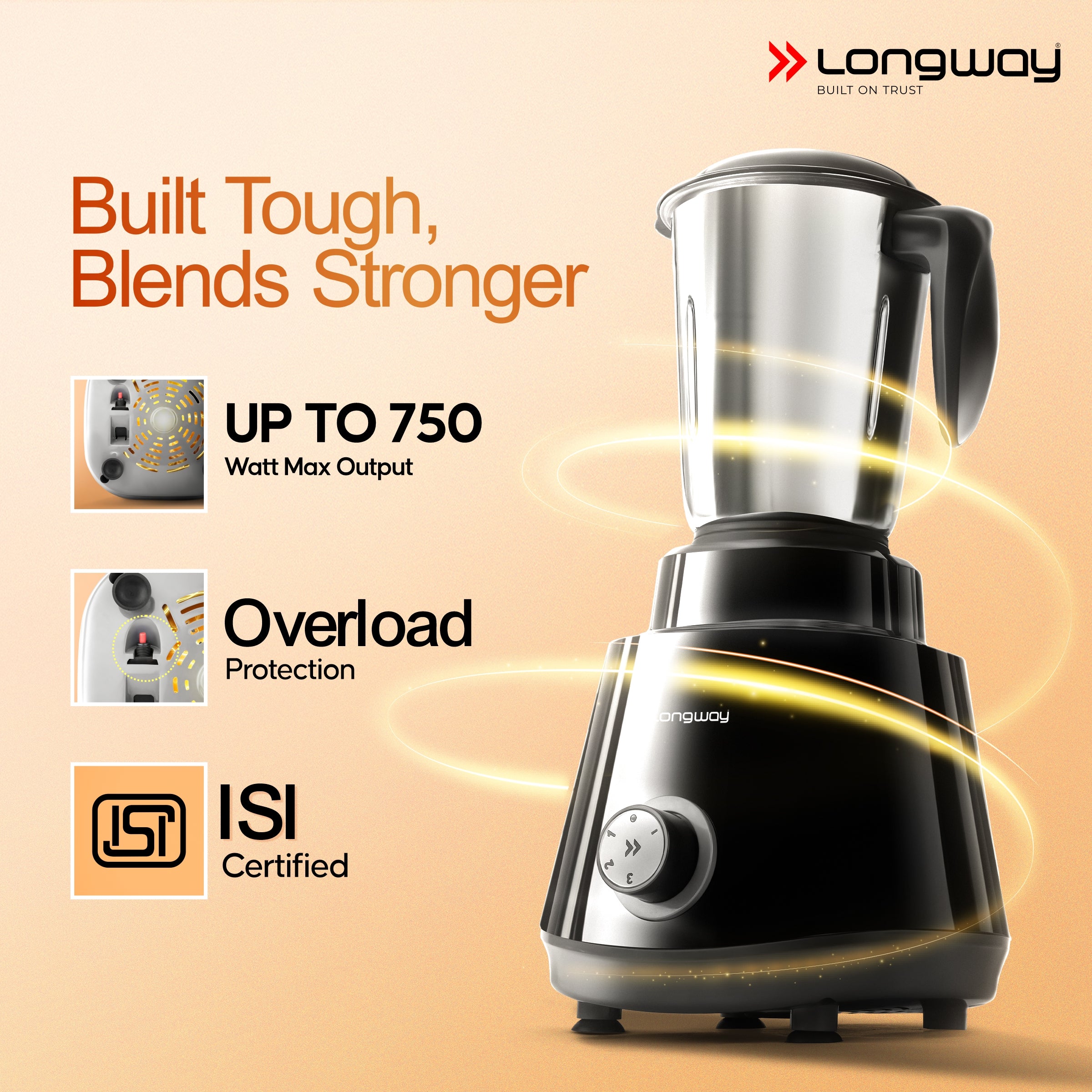 Longway Super Pro Juicer Mixer Grinder | Up to 500 - 750 Watt Max Output Powerful Motor | for Grinding, Mixing, Juicing | 2 Year Warranty