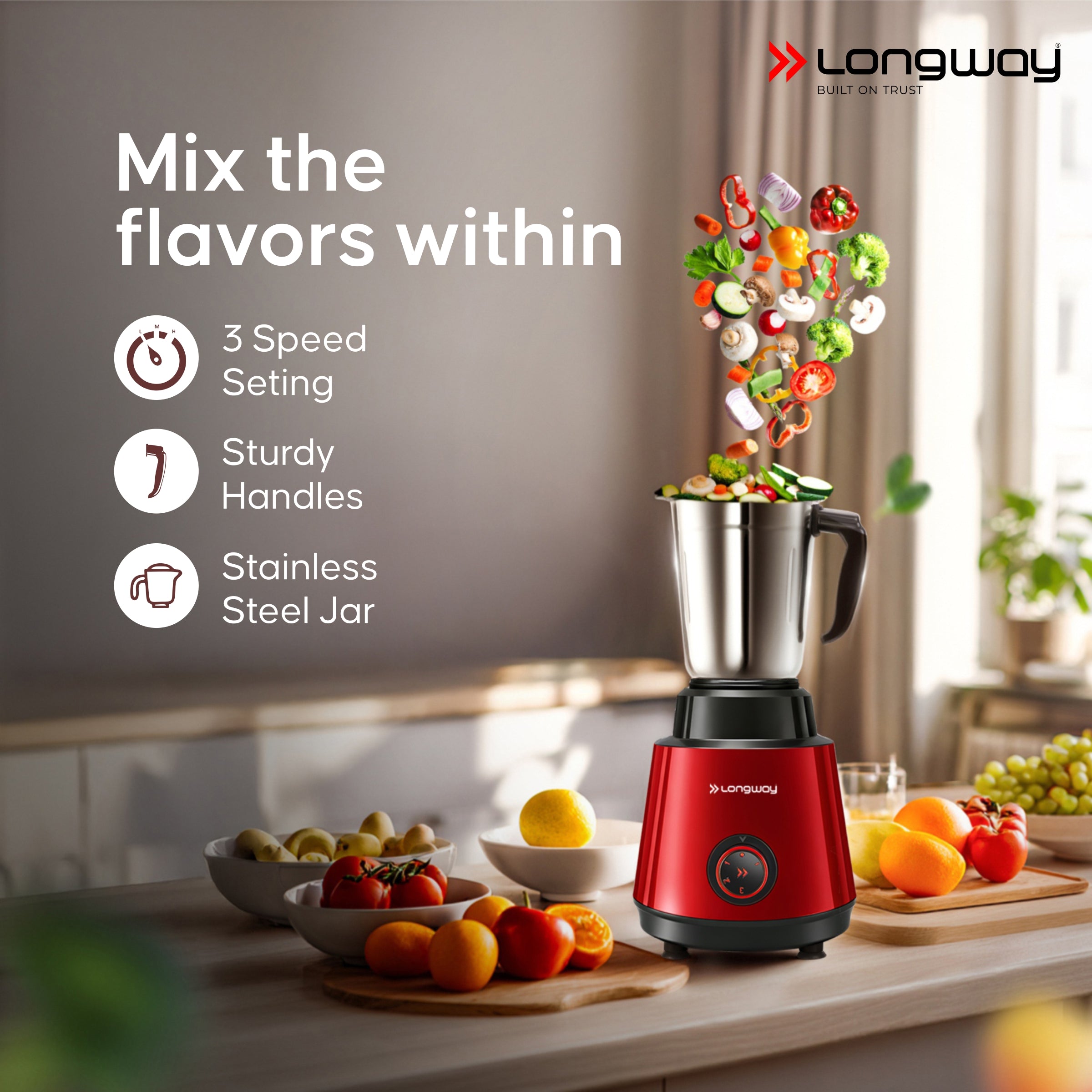 Longway Super Pro Juicer Mixer Grinder | Up to 500 - 750 Watt Max Output Powerful Motor | for Grinding, Mixing, Juicing | 2 Year Warranty