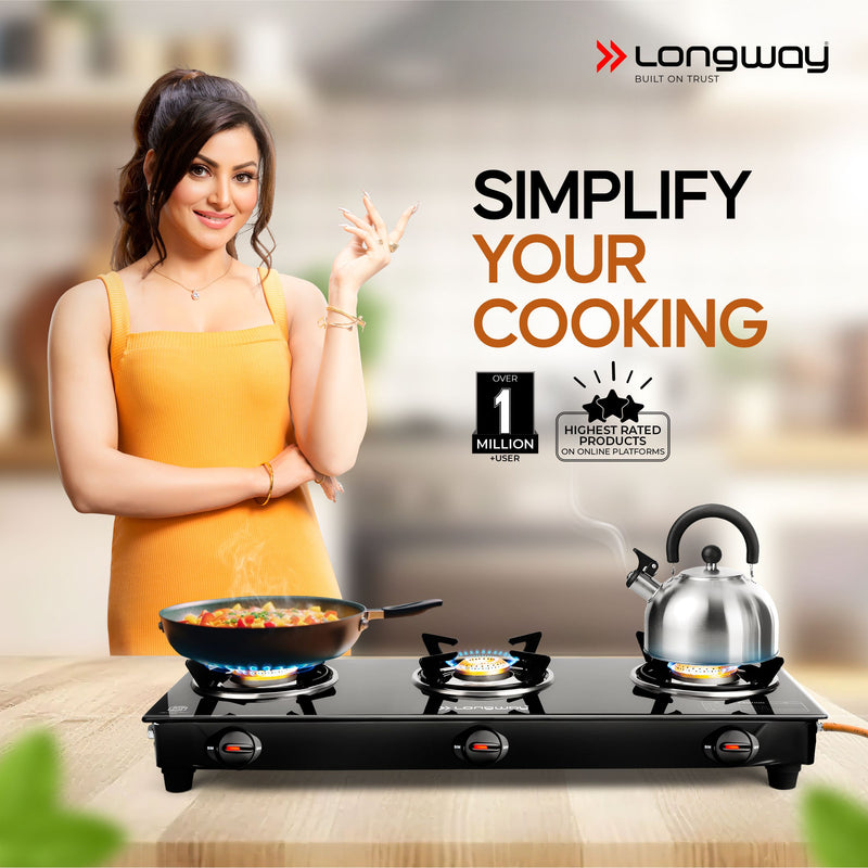 Longway Furn Glass Top, 3 Burner Manual Ignition Glass Gas Stove (Black, ISI Certified, 2 Year Warranty)
