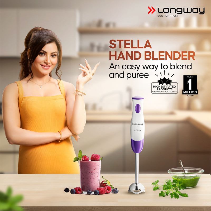 Longway Stella Hand Blender with Stainless Steel Blades | Detachable Anti Splash Stainless Steel Foot | Perfect for Smooth Blends (300 W, Purple)