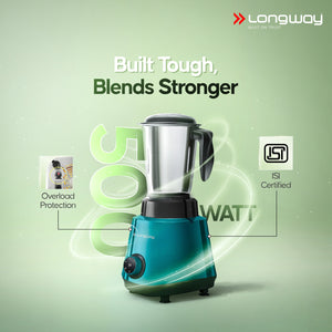 Longway Super Pro Juicer Mixer Grinder | Up to 500 - 750 Watt Max Output Powerful Motor | for Grinding, Mixing, Juicing | 2 Year Warranty