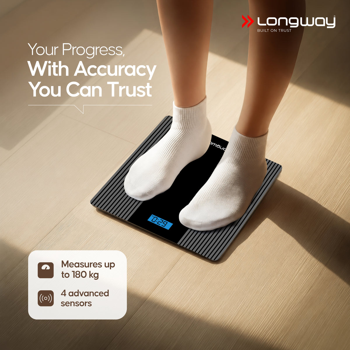 Longway Weight Machine for Home | Digital Bathroom Scale for Human Body Weight Measurement | Extra Thick Tempered Glass with LCD Display (36 Months Warranty | Max Weight 180Kgs | Strive)
