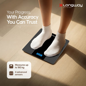 Longway Weight Machine for Home | Digital Bathroom Scale for Human Body Weight Measurement | Extra Thick Tempered Glass with LCD Display (36 Months Warranty | Max Weight 180Kgs | Strive)