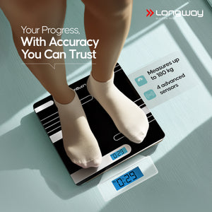 Longway Weight Machine for Home | Digital Bathroom Scale for Human Body Weight Measurement | Extra Thick Tempered Glass with LCD Display (36 Months Warranty | Max Weight 180Kgs | Power)