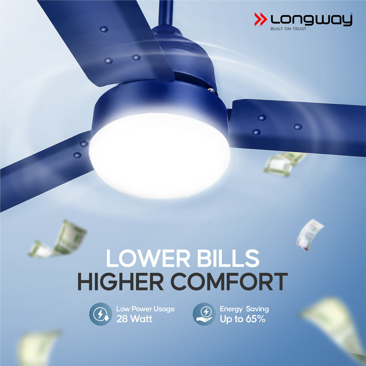 Longway Luminair 1200 mm BLDC Ceiling Fan with Remote Control & LED Light | BEE 5 Star Rated Energy Efficient | Ultra High Speed 3 Blade Anti-Dust Decorative Ceiling Fan | 5 Years Warranty (Blue)
