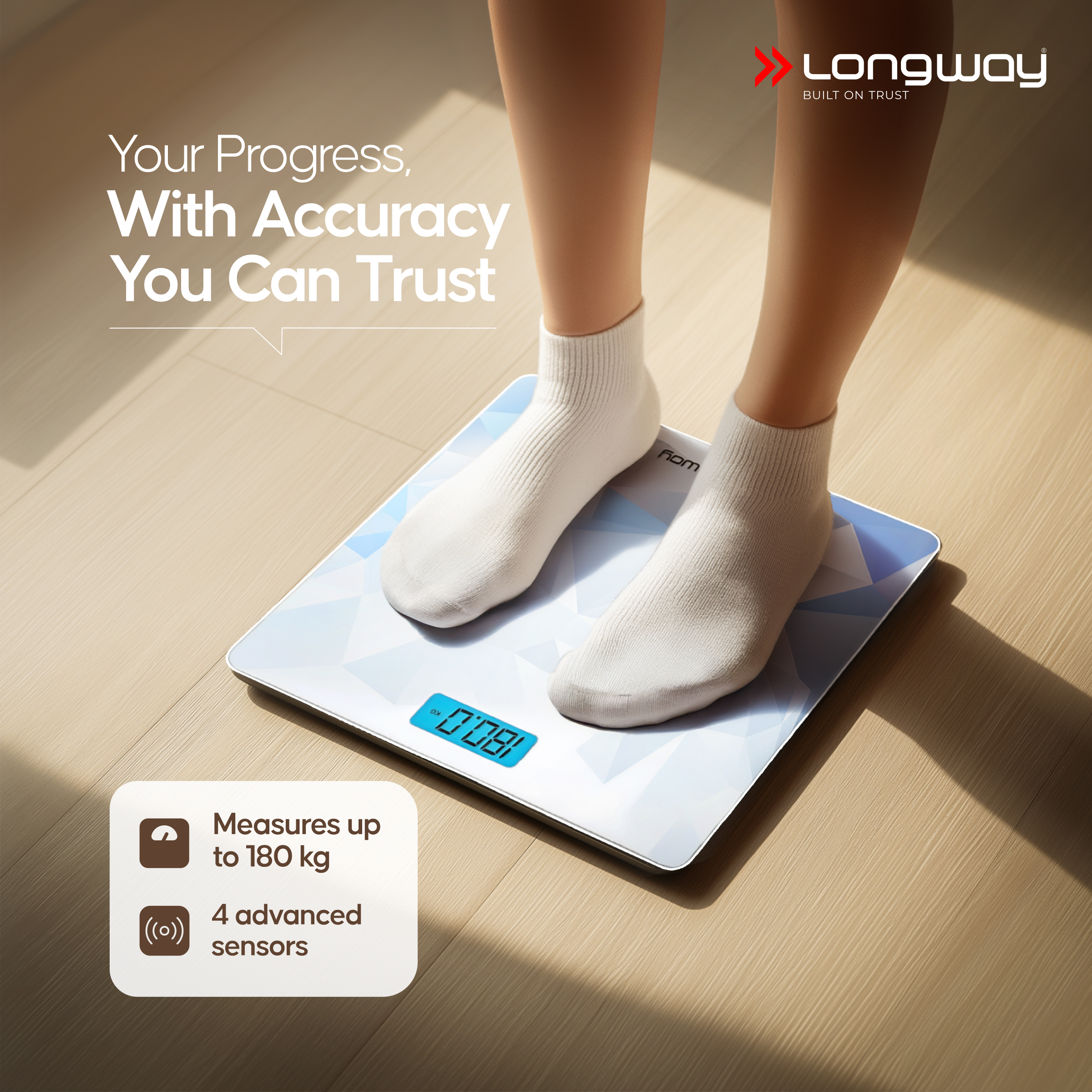 Longway Weight Machine for Home | Digital Bathroom Scale for Human Body Weight Measurement | Extra Thick Tempered Glass with LCD Display (36 Months Warranty | Max Weight 180Kgs | Sapphire)