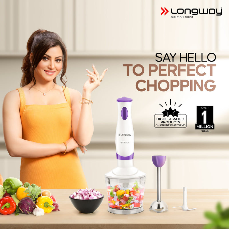 Longway Stella Hand Blender with Chopper | Stainless Steel Blades | Detachable Anti Splash Stainless Steel Foot | Perfect for Smooth Blends (300 W, Purple)