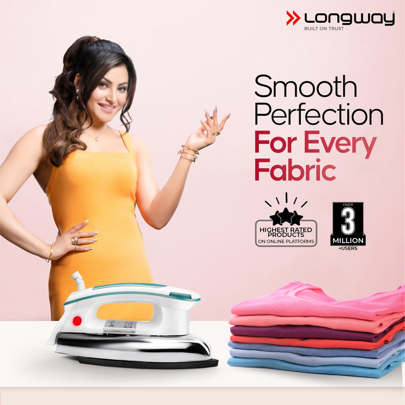 Longway Plancha Heavy Weight Non-Stick Teflon Coated Dry Iron, Electric Iron for Clothes | 2 Years Warranty| (1200 Watt, Black)