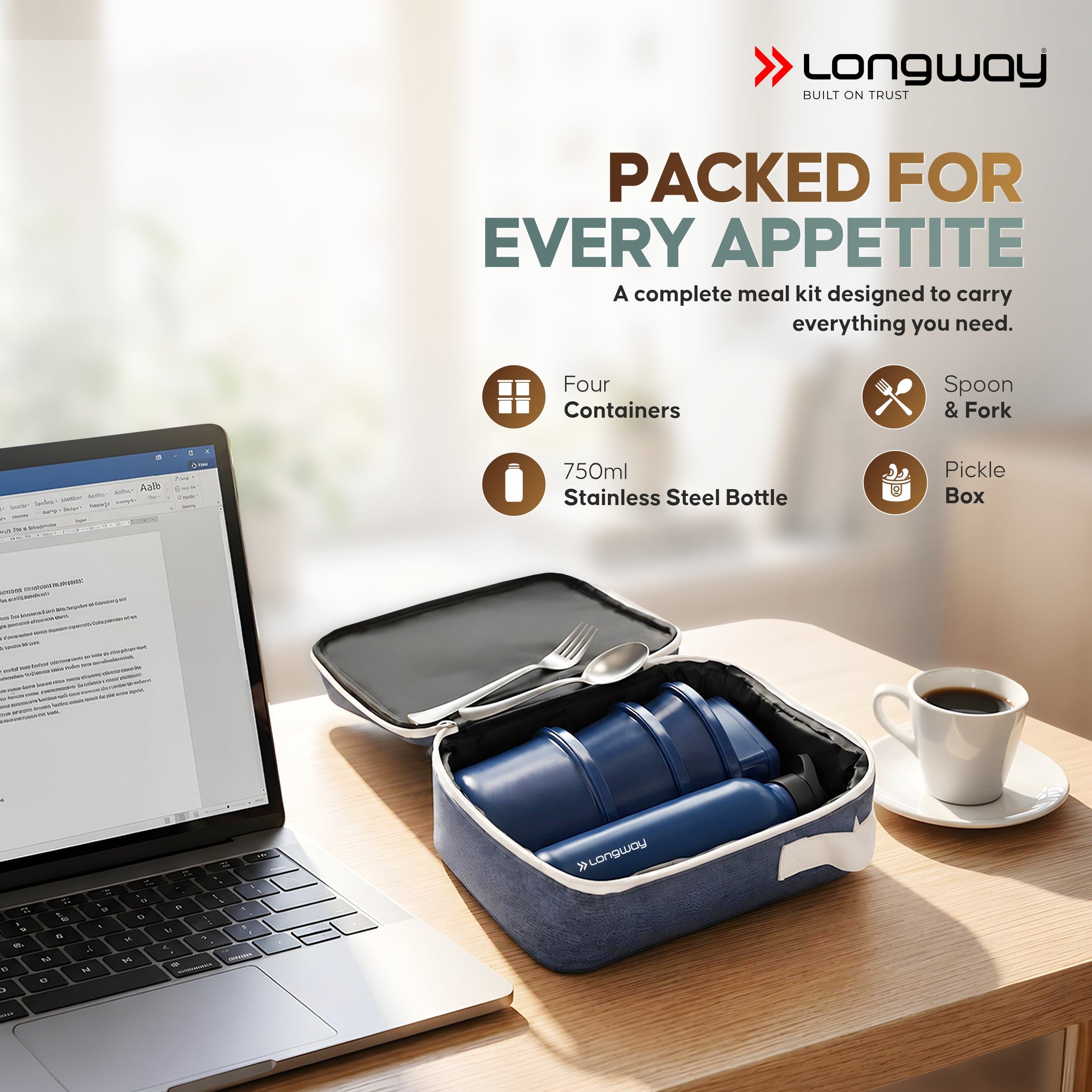 Longway Kivo Lunch Box with 3 Containers, 750ml Stainless Steel Bottle & Insulated Bag | Microwave Safe Food-Grade Containers (290ml, 400ml & 600ml) | Cutlery & Pickle Box