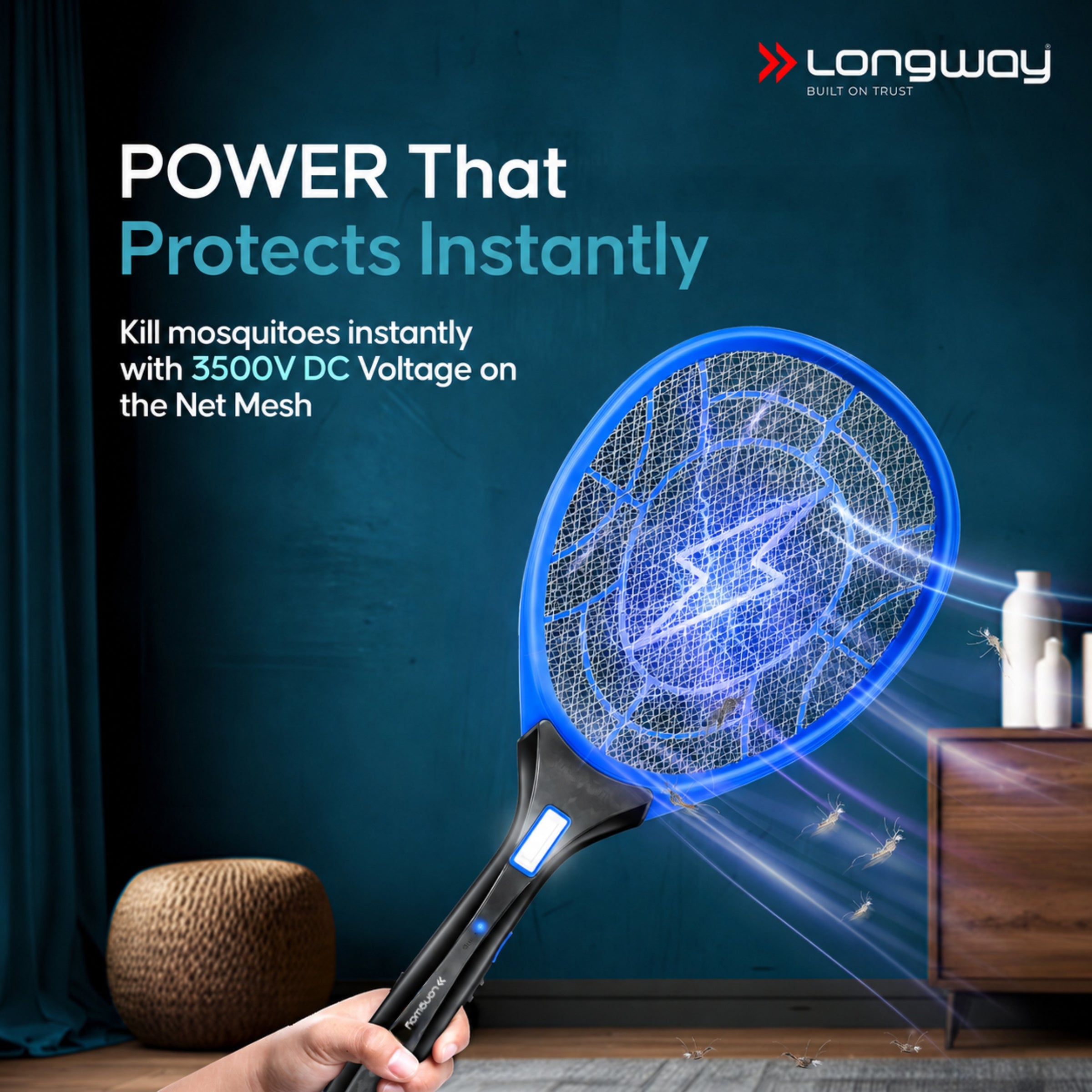 Longway Zappy Rechargeable Mosquito Racket | 3500V DC Voltage on the Net Mesh| Insect Killer Bat | 500mAH Battery | Large Net Area for Better Coverage | Long Lasting Internal Battery | 1 Year Warranty