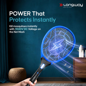Longway Zappy Rechargeable Mosquito Racket | 3500V DC Voltage on the Net Mesh| Insect Killer Bat | 500mAH Battery | Large Net Area for Better Coverage | Long Lasting Internal Battery | 1 Year Warranty