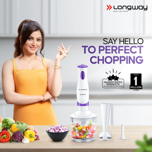 Longway Blendy Hand Blender with Chopper | Stainless Steel Blades | Detachable Anti Splash Plastic Foot | Perfect for Smooth Blends (300 W, Purple)