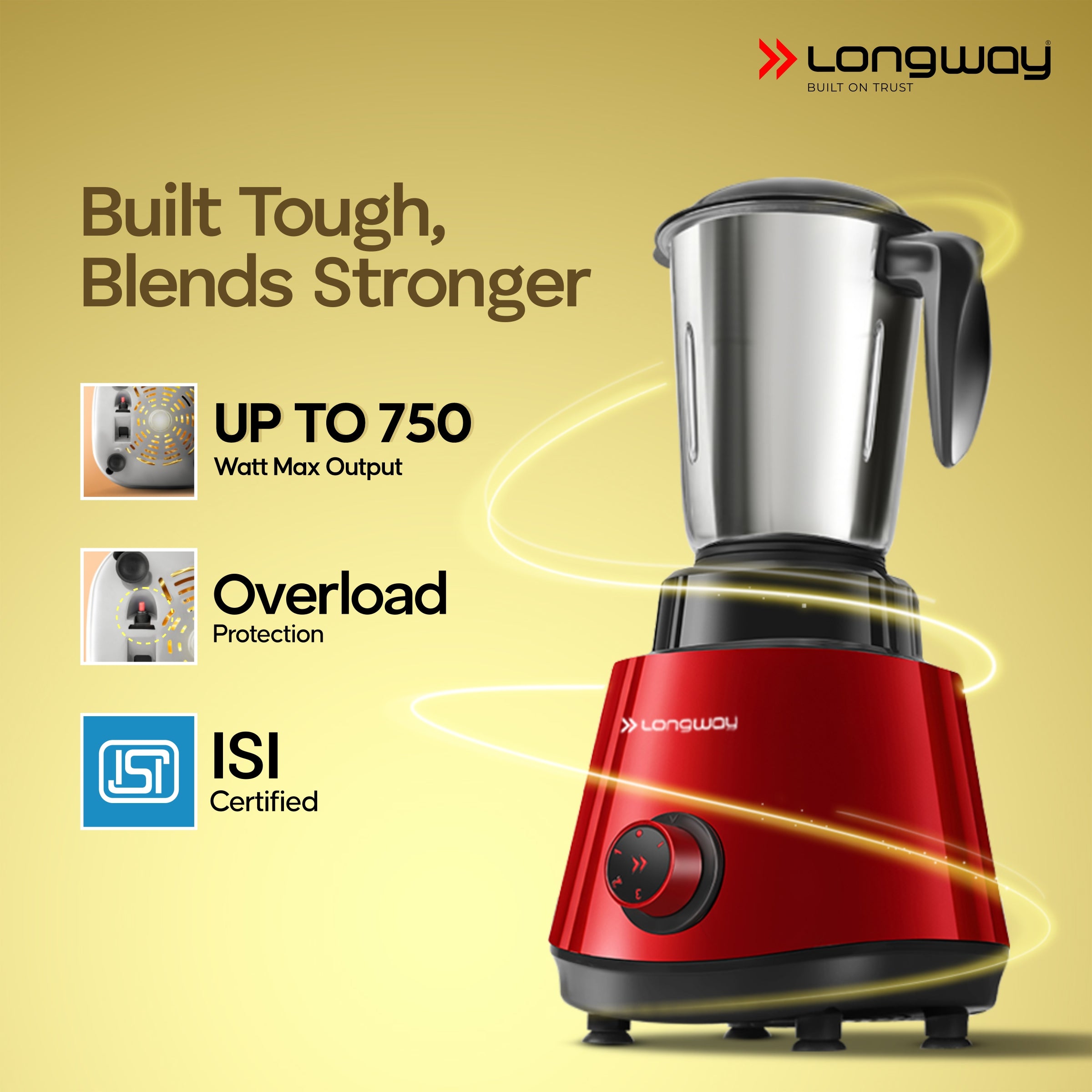 Longway Super Pro Juicer Mixer Grinder | Up to 500 - 750 Watt Max Output Powerful Motor | for Grinding, Mixing, Juicing | 2 Year Warranty