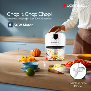 Longway Slicer Rechargeable Mini Electric Chopper | 250ml Food Grade Bowl | Stainless Steel Blades | One Touch Operation | Chopping & Mincing Garlic, Onion, Ginger, Vegetable, Meat, Nuts| Portable & Compact | 1 Year Warranty (White)