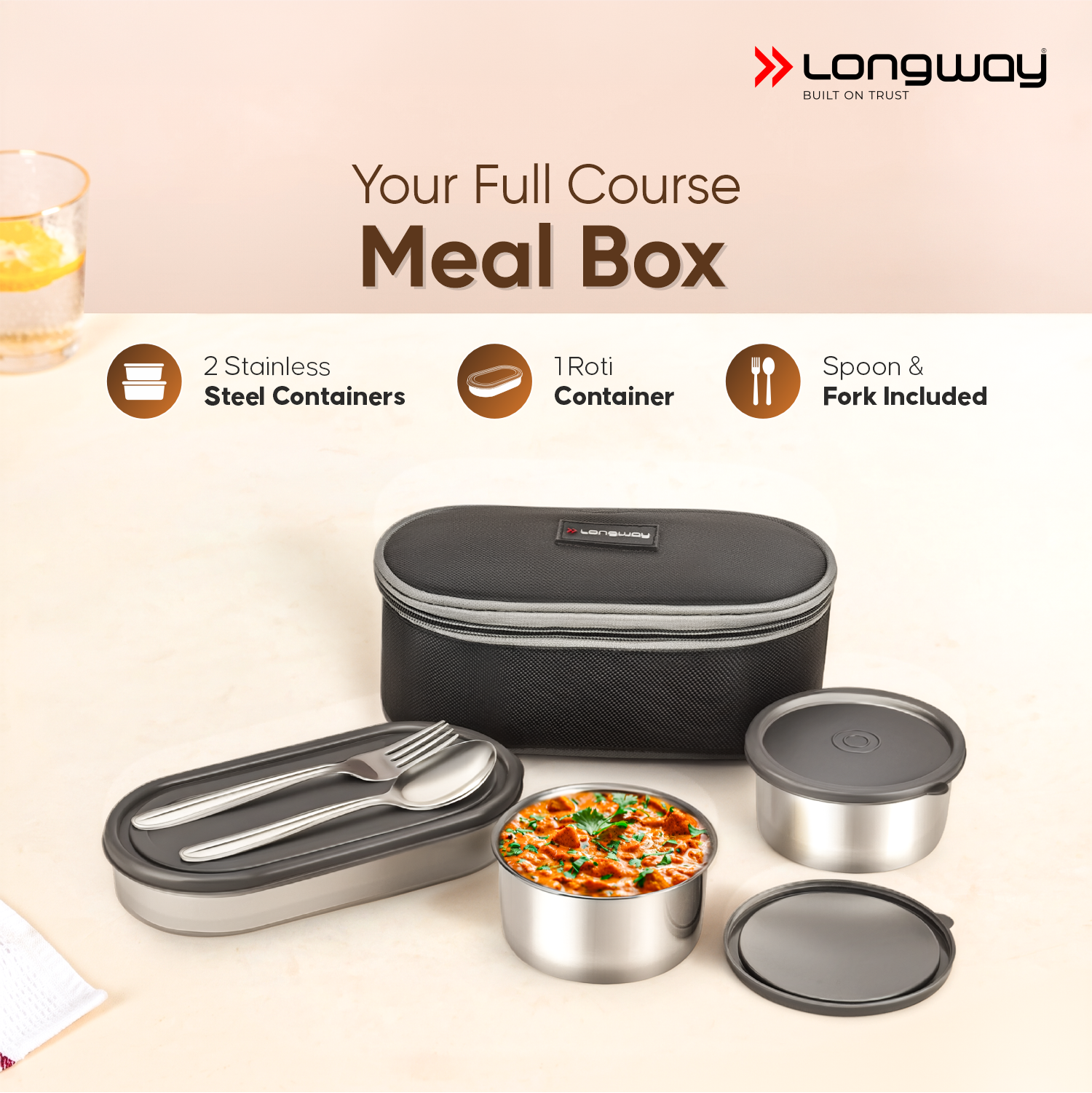Longway Craveo Stainless Steel Lunch Box with 3 Containers | 2 Round 300ml Each & 1 Oval 500ml | Airtight & Leak Resistant Tiffin Box with Spoon | Food-Grade Steel Lunch Box for Office, School & College
