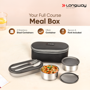 Longway Craveo Stainless Steel Lunch Box with 3 Containers | 2 Round 300ml Each & 1 Oval 500ml | Airtight & Leak Resistant Tiffin Box with Spoon | Food-Grade Steel Lunch Box for Office, School & College