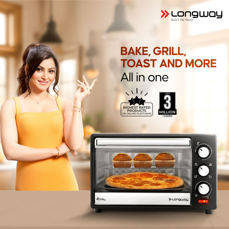 Longway Royal Plus OTG 25 Ltr Oven Toaster Griller with Multiple Heating Modes | Temperature Timer Control for Baking Pizza, Cake, Grilling Chicken & Toasting Bread|1 Year Warranty (1280W, Silver)
