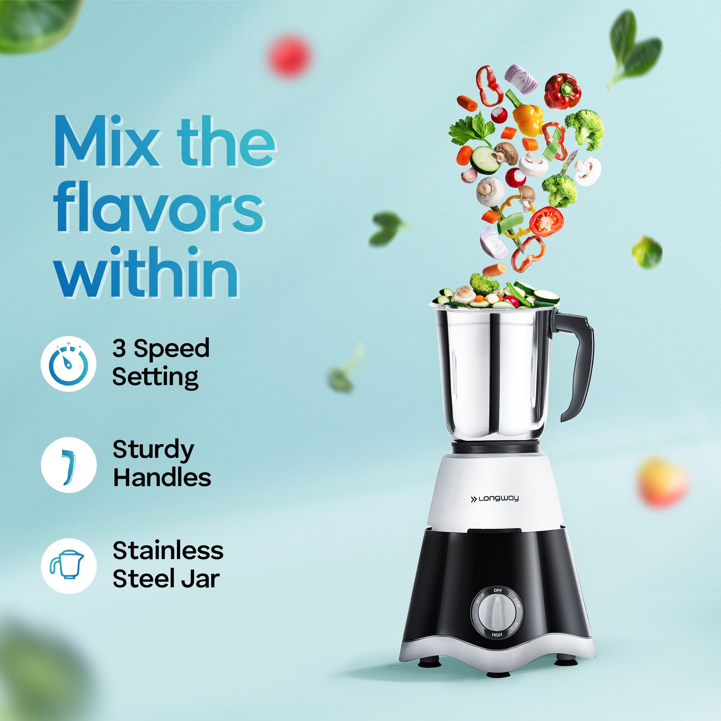 Longway Super Dlx 700 Watt Mixer Grinder with 3 Jars for Grinding, Mixing with Powerful Motor & Kwid 1100 Watt Dry Iron | 1 Year Warranty | (Black & Gray, Combo Offer)