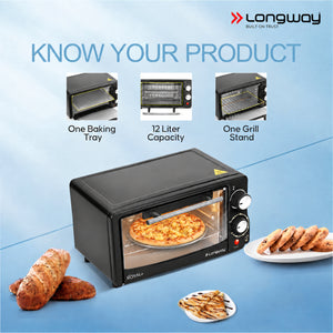 Longway Royal Plus OTG 12L Oven Toaster Griller with Multiple Heating Modes | Temperature Timer Control for Baking Pizza, Cake, Grilling Chicken & Toasting Bread | 2 Years Warranty (1000W)