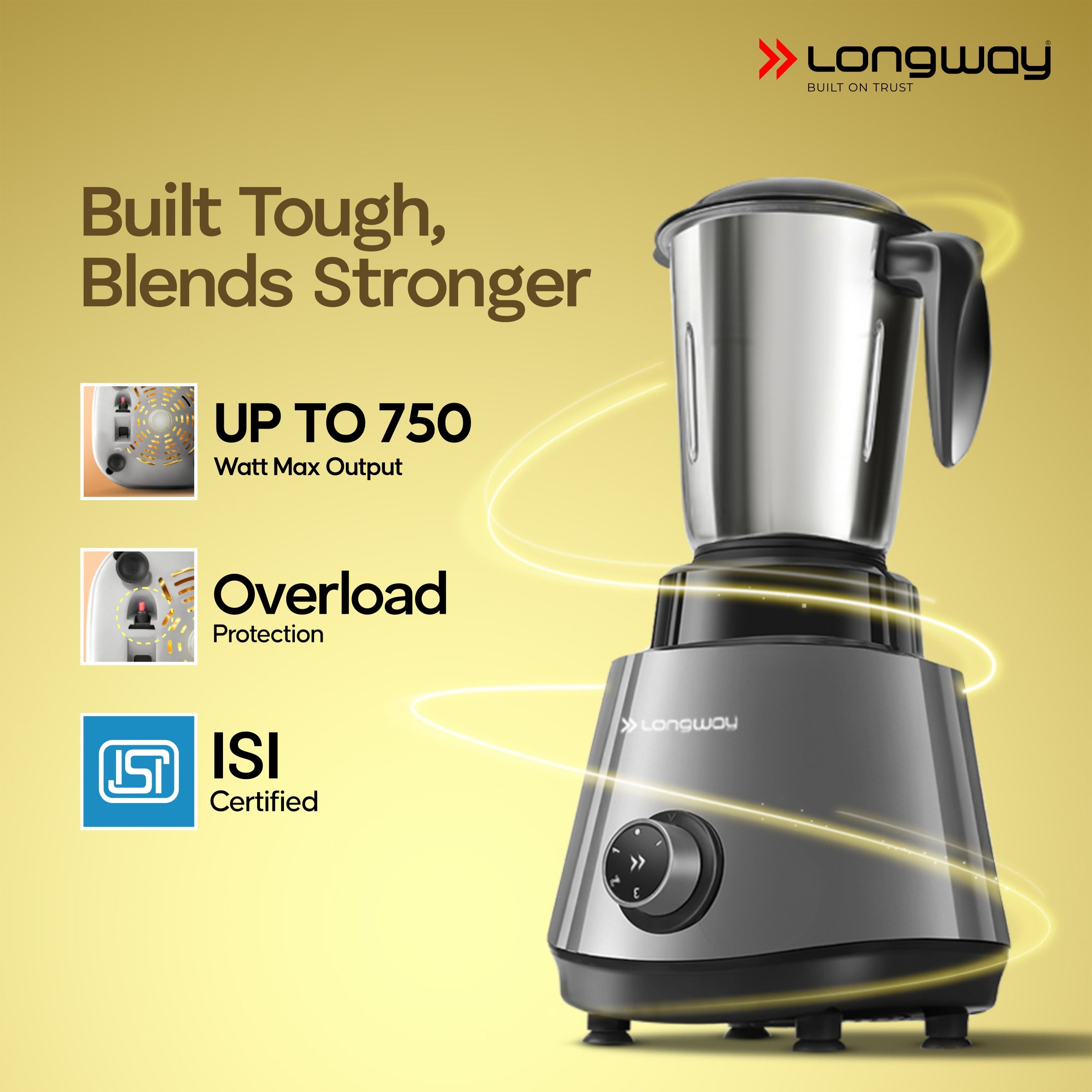 Longway Super Pro Juicer Mixer Grinder | Up to 500 - 750 Watt Max Output Powerful Motor | for Grinding, Mixing, Juicing | 2 Year Warranty
