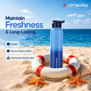 Longway Rush 1 Ltr Stainless Steel Water Bottle | Leak-Proof & Rust-Free Design | Perfect for School, Office, Home, Gym, Travel & Ideal for Men, Women & Kids (1000 ml)