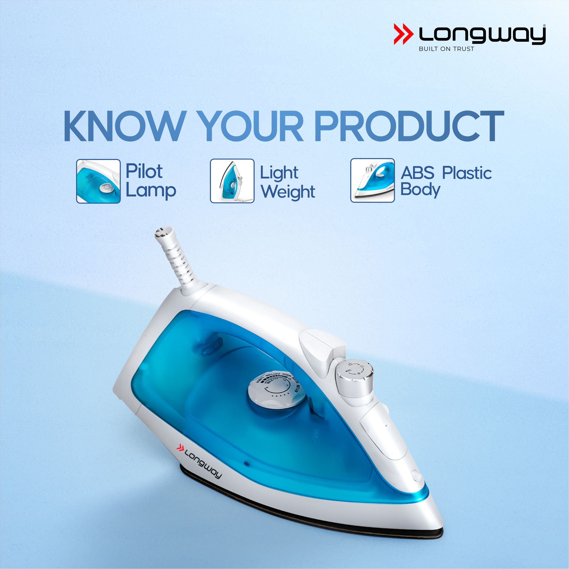 Longway Steamy Light Weight Non Stick Steam Iron, Powerful Steam Output Up to 18 G/Min (1400 Watt, Blue)