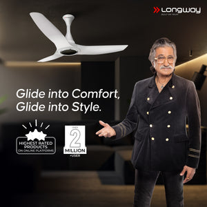 Longway Glideon 1200mm BLDC Ceiling Fan with Remote Control | Premium Look with Ultra Silent Performance | ABS Blade & Body | BEE 5 Star Rated | Anti-Dust Decorative Ceiling Fan | 5 Years Warranty (White, Pack of 1)