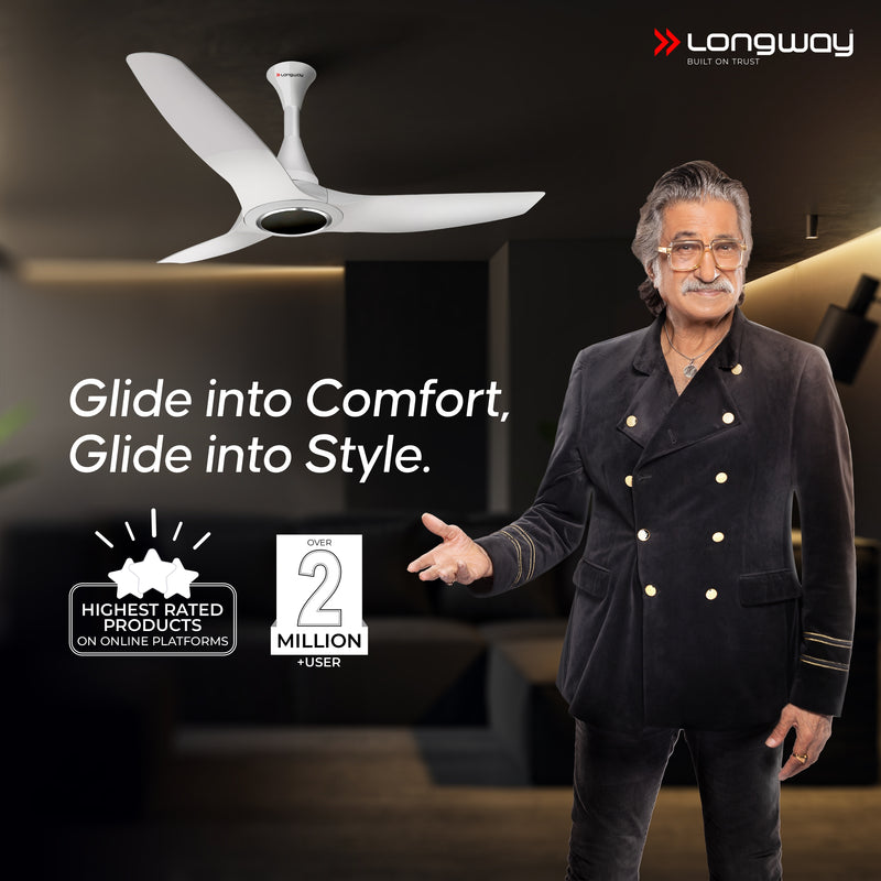 Longway Glideon 1200mm BLDC Ceiling Fan with Remote Control | Premium Look with Ultra Silent Performance | ABS Blade & Body | BEE 5 Star Rated | Anti-Dust Decorative Ceiling Fan | 5 Years Warranty (White, Pack of 1)