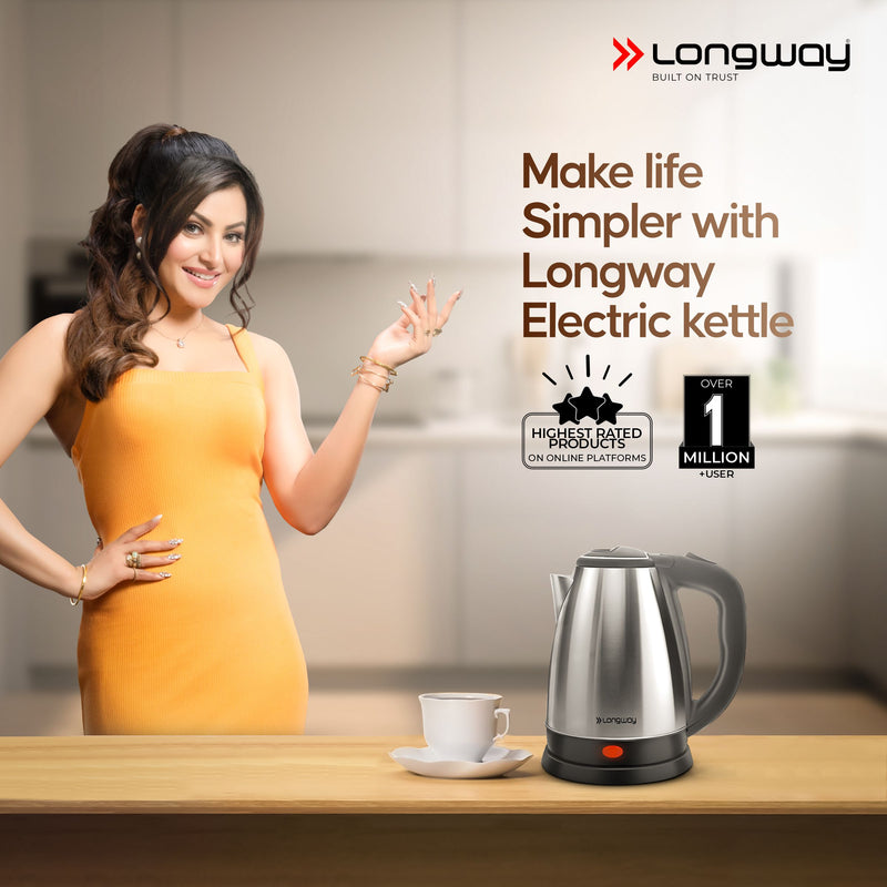 Longway Kestro 2 Ltr Electric Kettle with Stainless Steel Body for Boiling (Silver & Black, 1500 Watt)