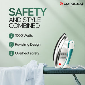 Longway Plancha Heavy Weight Non-Stick Teflon Coated Dry Iron, Electric Iron for Clothes | 1 Year Warranty| (1000 Watt, Blue)