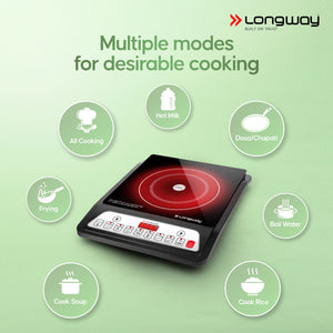 Longway Elite Plus IC 2000 Watt Induction Cooktop with Auto Shut-Off & Over-Heat Protection With 8 Cooking Mode & BIS Approved | 1-Year Warranty | (Black, Push Button)