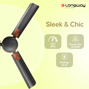 Longway Creta P1 1200 mm/48 inch Ultra High Speed 3 Blade Anti-Dust Decorative Star Rated Ceiling Fan