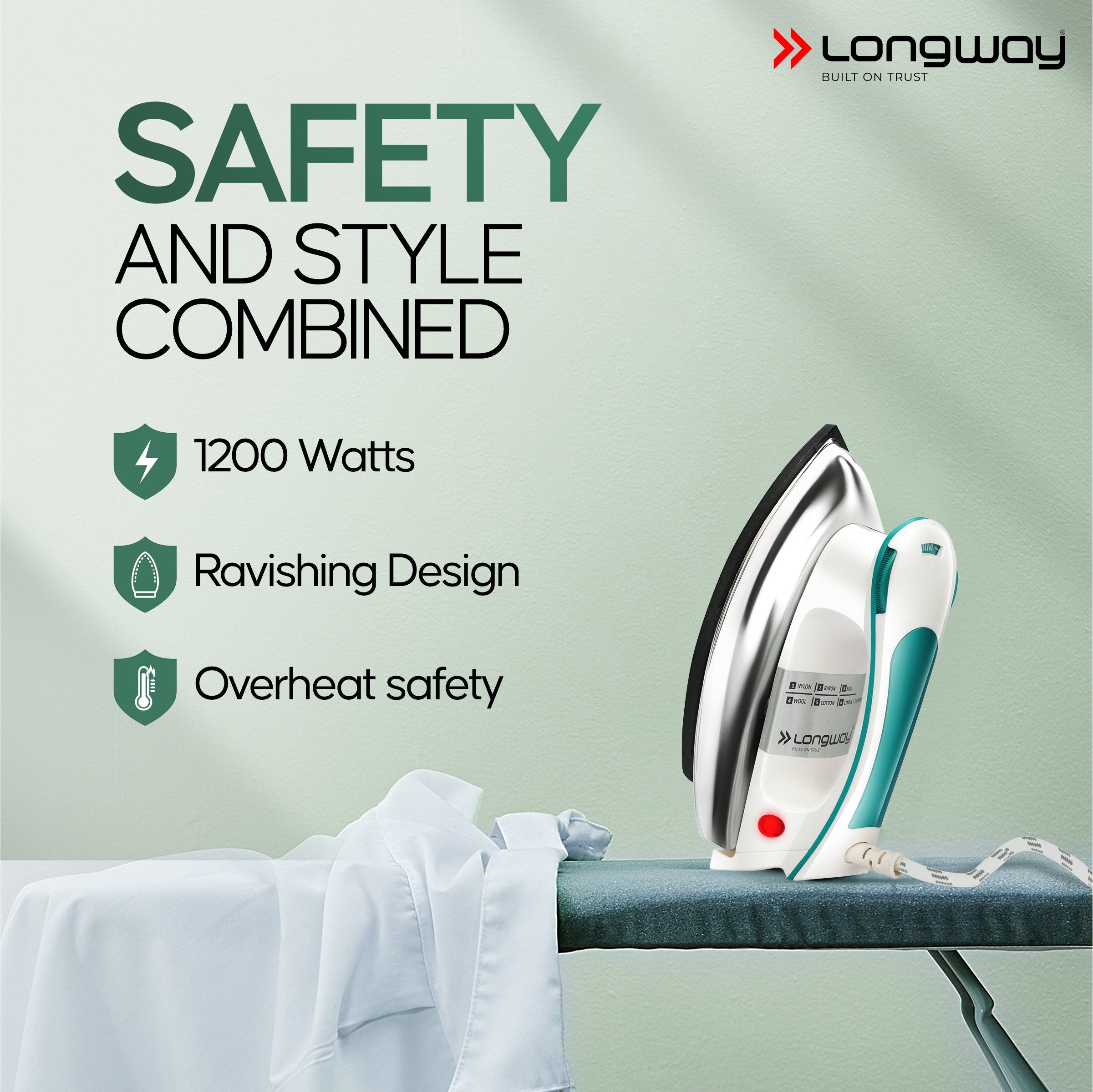 Longway Plancha Heavy Weight Non-Stick Teflon Coated Dry Iron, Electric Iron for Clothes | 2 Years Warranty| (1200 Watt)