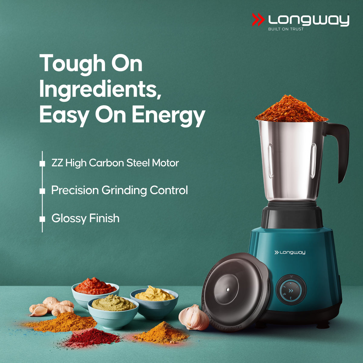 Longway Super Pro Juicer Mixer Grinder | Up to 500 - 750 Watt Max Output Powerful Motor | for Grinding, Mixing, Juicing | 2 Year Warranty