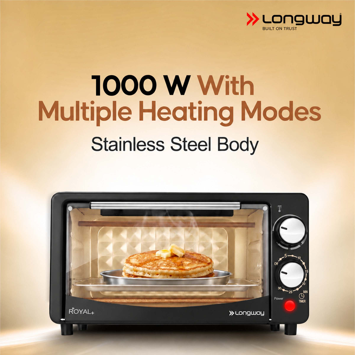 Longway Royal Plus OTG 12L Oven Toaster Griller with Multiple Heating Modes | Temperature Timer Control for Baking Pizza, Cake, Grilling Chicken & Toasting Bread | 2 Years Warranty (1000W)