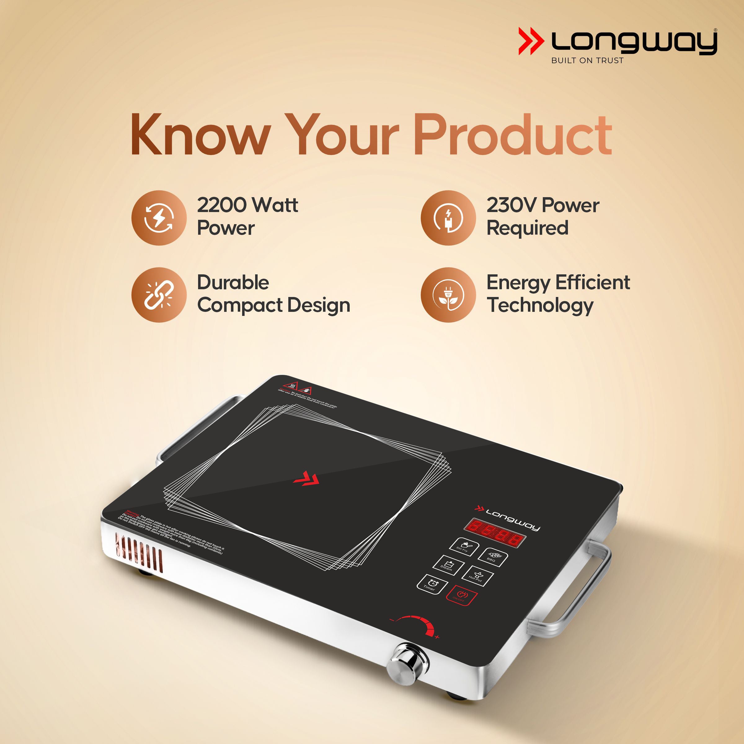 Longway Infralite Pro ICT 2200 W Infrared Cooktop with Free Stainless Steel Grill | Auto Shut Off & Overheat Protection