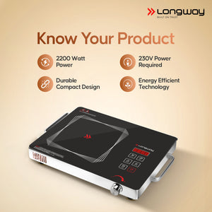Longway Infralite Pro ICT 2200 W Infrared Cooktop with Free Stainless Steel Grill | Auto Shut Off & Overheat Protection