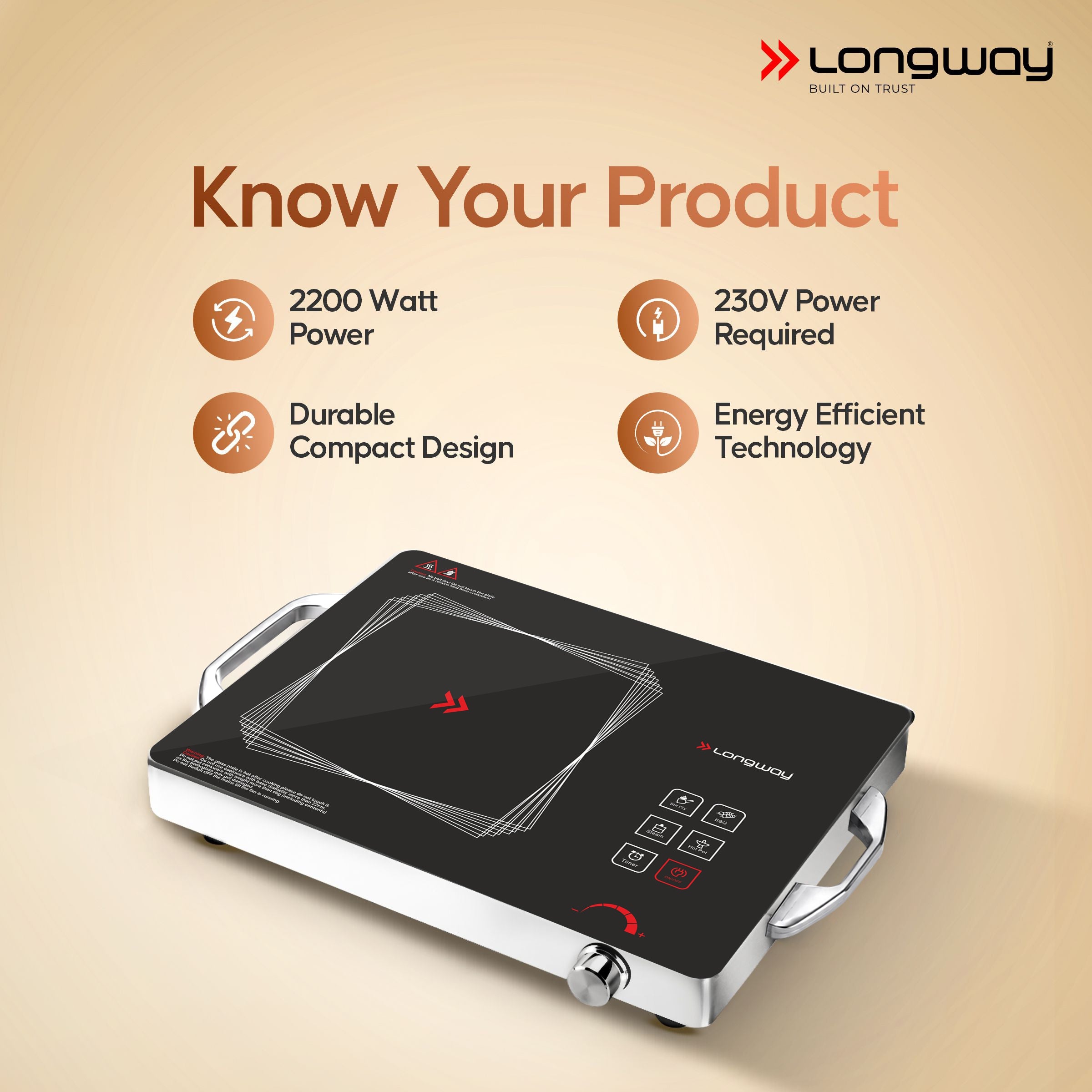 Longway Infralite Pro ICT 2200 W Infrared Cooktop with Free Stainless Steel Grill | Auto Shut Off & Overheat Protection