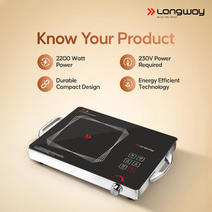 Longway Infralite Pro ICT 2200 W Infrared Cooktop with Free Stainless Steel Grill | Auto Shut Off & Overheat Protection