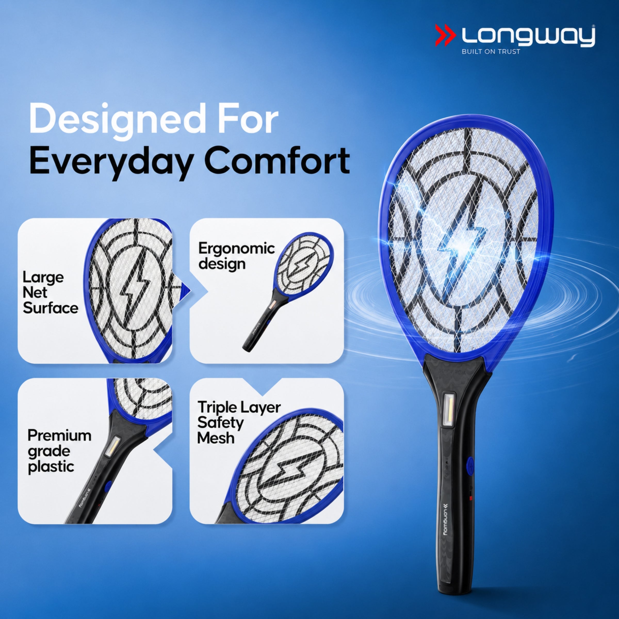 Longway Zappy Rechargeable Mosquito Racket | 3500V DC Voltage on the Net Mesh| Insect Killer Bat | 500mAH Battery | Large Net Area for Better Coverage | Long Lasting Internal Battery | 1 Year Warranty